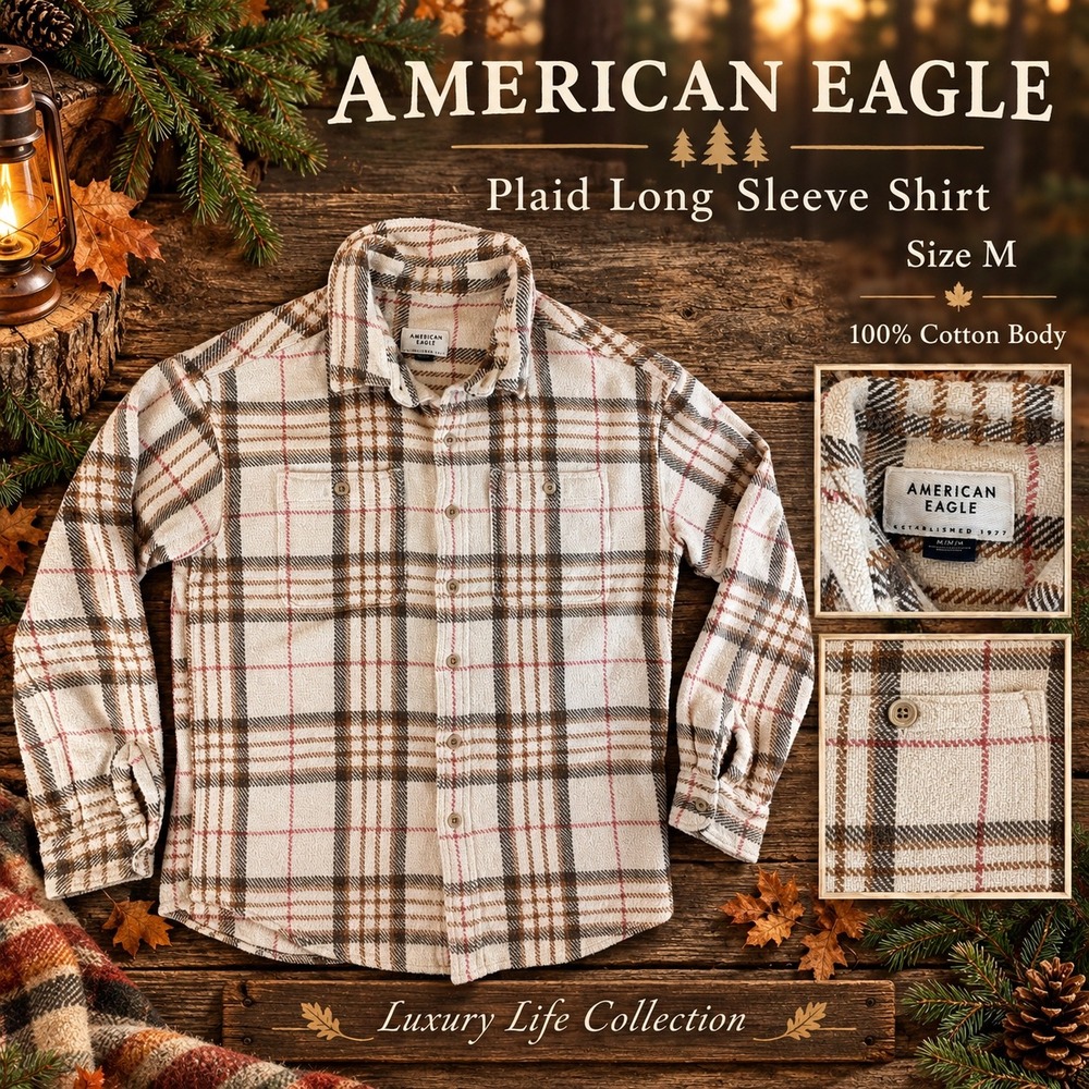 American Eagle Mens Medium Plaid Flannel Button Down Shirt Cream Brown Textured
